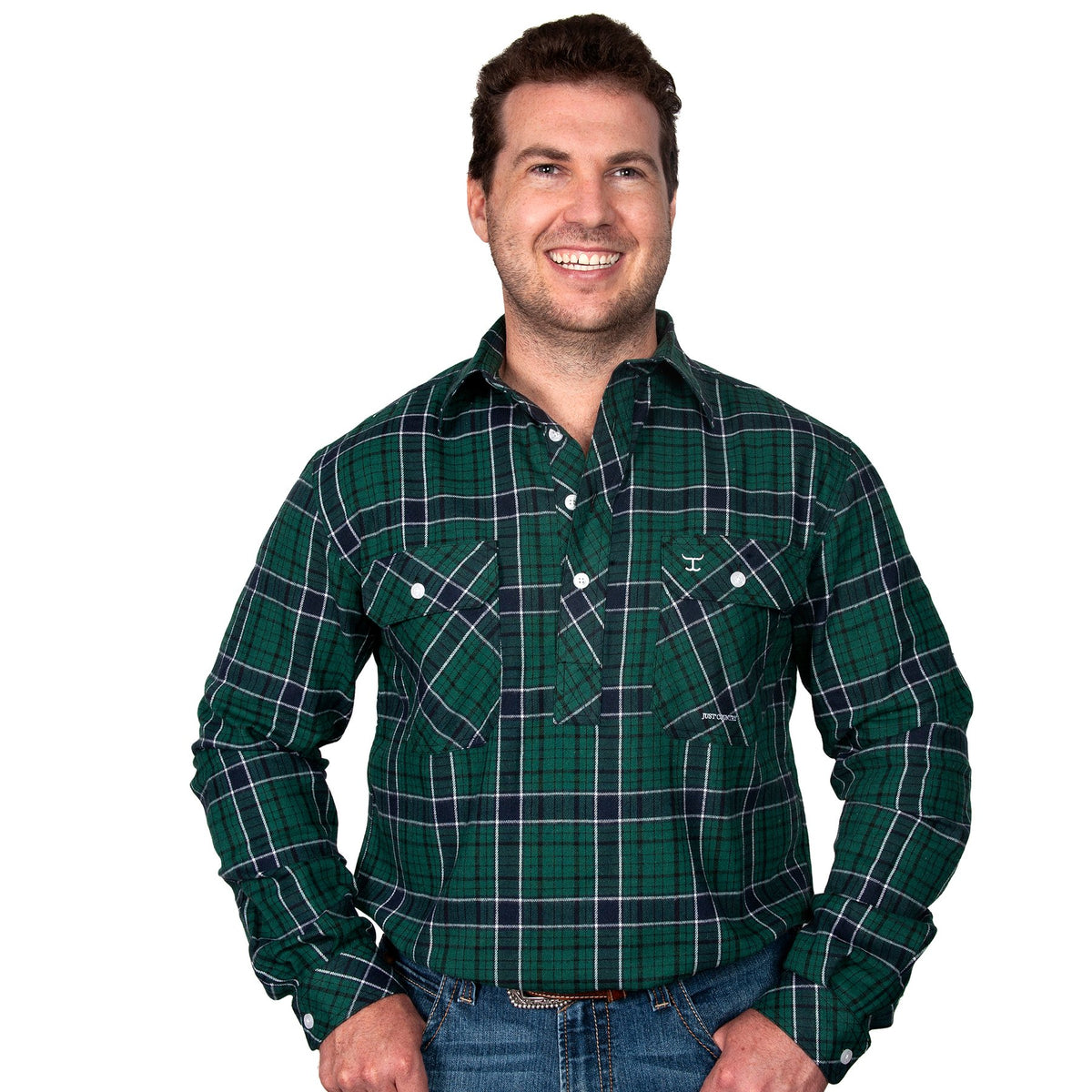 Just Country Cameron Flannel Collection - 1/2 Button Green/Navy ...